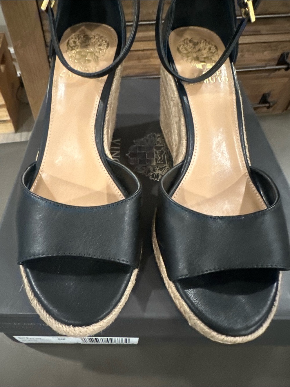 Vince Camuto Black Leather Espadrille Wedge Sandals with Ankle Strap - Picture 3 of 5
